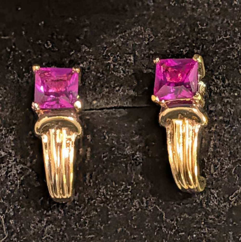 Vintage Gold Plated Sterling Silver Princess Cut Pink Sapphire Earrings
